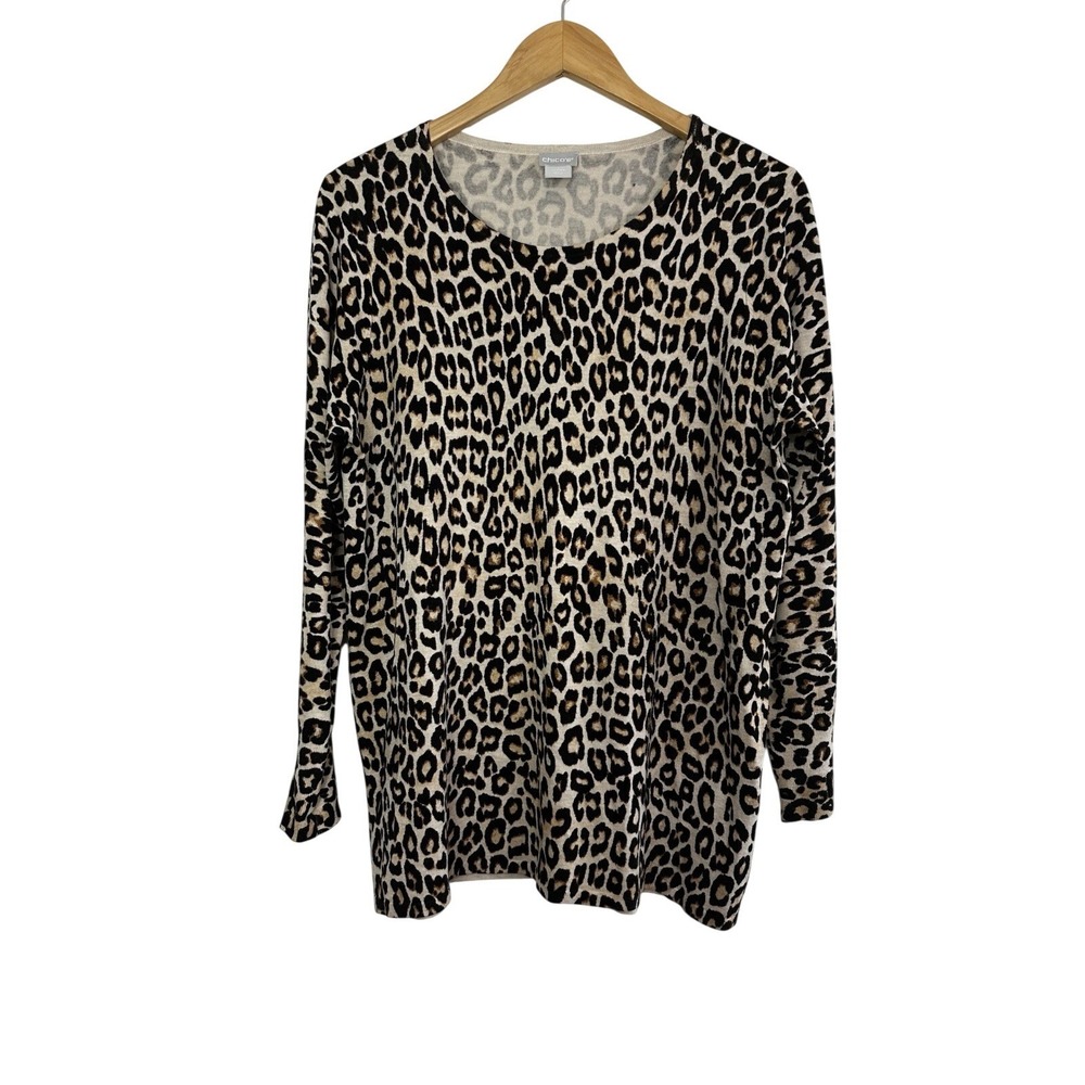 Chico's Leopard Print Knit Sweater Top Women's Size 1 (M) Tan Black Animal Print